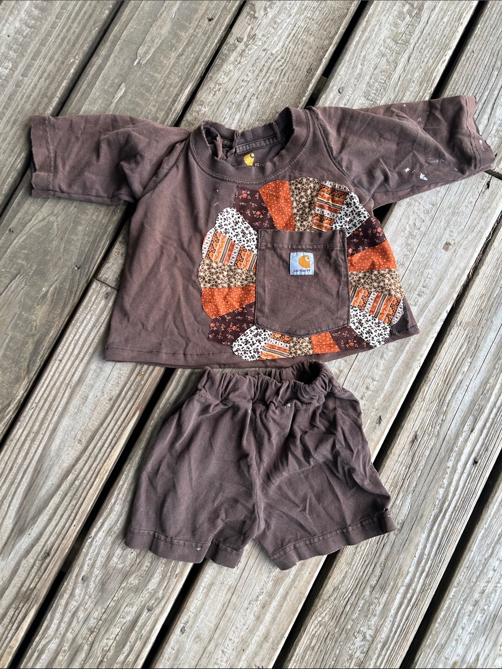 Carhartt Brown Toddler Two-Piece Set with Patchwork quilt Upcycle
